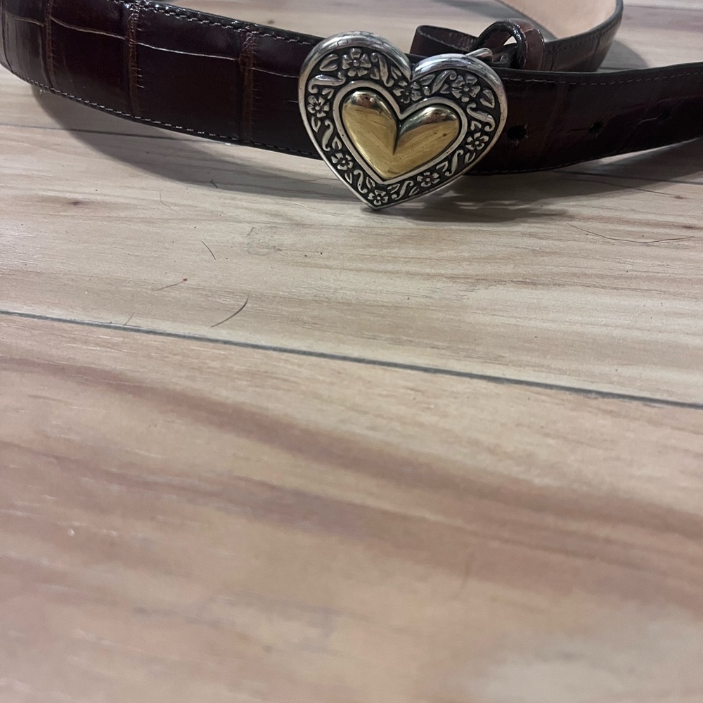Brighton Brown Leather Belt with Silver -Tone Heart Buckle and Gold Accent
